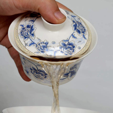 Chinese Porcelain Teacups 10oz Gaiwan Flower Tureen Tradition Sancai Cover Bowl Lip Cup Saucer Tea Set Loose Tea Blooming (Blue Silk Peony)