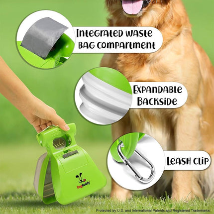 Ramasse-crottes portable DogBuddy, Ramasse-déchets canins hygiénique, Nettoyant pour déjections canines robuste avec distributeur de sacs, Clip de laisse et sacs de ramassage inclus