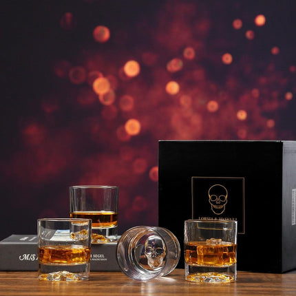Hand Blown Crystal Skull Whiskey Glasses, Set of 4 Bourbon Glasses In Gift Box - 10 Oz Old Fashioned Glasses for Scotch, Cocktail, Rum - Perfect Gifts for Halloween, Christmas, Thanksgiving for Men