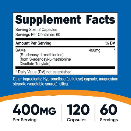 Nutricost SAM-e (S-Adenosyl-L-Methionine) 400mg, 120 Capsules - Non-GMO, Gluten Free Same, Vegetarian