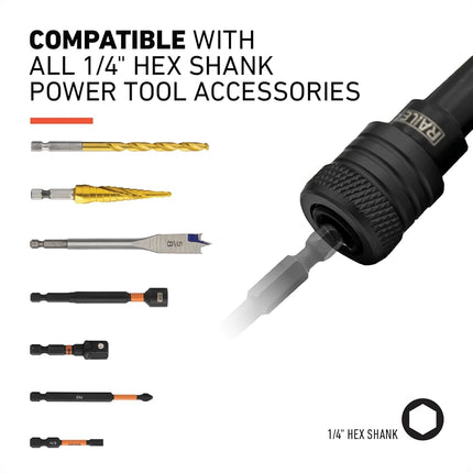 Railer Bit Holder Keychain 5pc - 1/4 inch Hex Shank Bit Holders - Quick-Change Design for Nut Driver, Screwdriver & Drill Bits, Include Keychain Carabiner