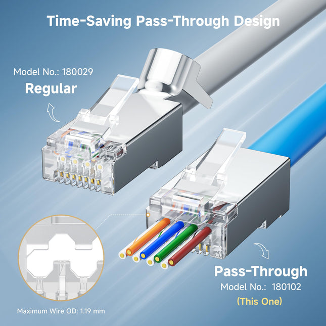 Conectores RJ45 blindados con paso Cat 6A de 100 unidades Cable Matters (extremos Cat 6A / conector Cat6A / enchufes modulares RJ45 / enchufes Ethernet / conector de red) para cable Ethernet S/FTP sólido o trenzado