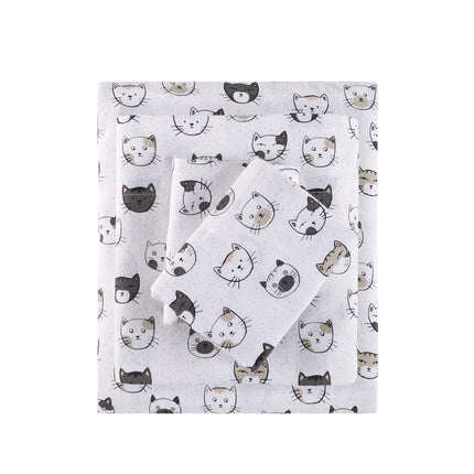 Intelligent Design Cozy Soft Juego de sábanas de franela 100% algodón con estampado de animales y estrellas, cálido, ultrasuave para clima frío, Queen, gatos gris/rosa, 4 piezas