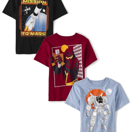 Camiseta gráfica de manga corta multicolor para niño de The Children's Place, paquete de 3, Ninja/Robot espacial/Misión a Marte, pequeña