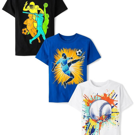 The Children's Place Camisetas gráficas de manga corta deportivas para bebés, paquete de 3, béisbol/multideporte/jugador de fútbol, pequeña