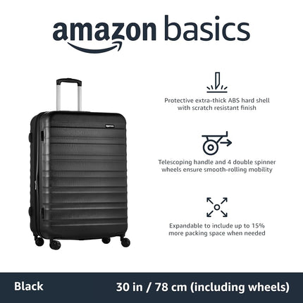 Amazon Basics Hard Shell Large Suitcase - Expandable ABS Travel Luggage with 4 Double Spinner Wheels - Scratch Resistant and Lightweight Construction - 78 x 52.6 x 32cm - Black