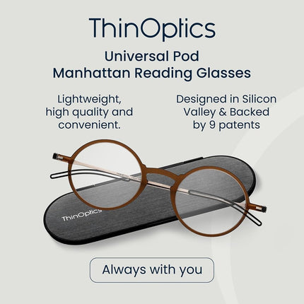 ThinOptics Reading Glasses 2.50, Brown Frame, 4mm Case, for Men and Women