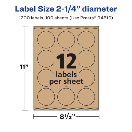 Avery Kraft Brown Round Labels with Sure Feed, 2.25" Diameter, 1,200 Kraft Brown Labels, Print-to-The-Edge, Laser/Inkjet Printable Labels