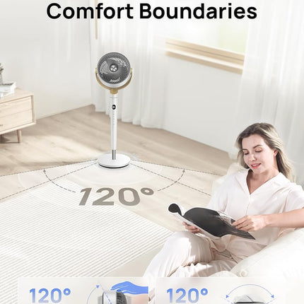 DREO Fan for Bedroom, 120° Oscillating Standing Fan, Quiet Floor Fan with DC Motor, 80ft Pedestal Fan for Room, 8 Speeds, 3 modes, 23dB, 120° Manual Vertical, 35-40" Adjustable Height, 8H Timer, White