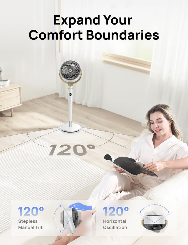 DREO Fan for Bedroom, 120° Oscillating Standing Fan, Quiet Floor Fan with DC Motor, 80ft Pedestal Fan for Room, 8 Speeds, 3 modes, 23dB, 120° Manual Vertical, 35-40" Adjustable Height, 8H Timer, White