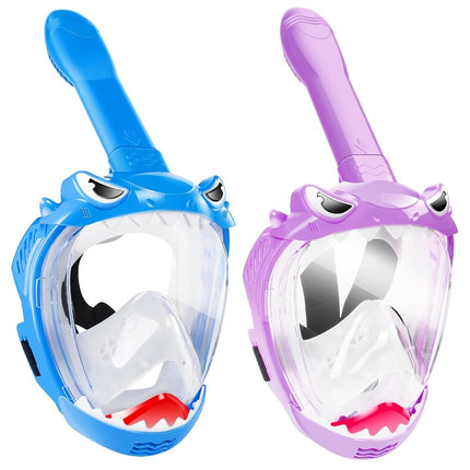 Equipo de snorkel para niños, máscara de snorkel de cara completa, set de snorkel para niños con diseño plegable antivaho y antifugas para aventuras submarinas seguras, paquete de 2