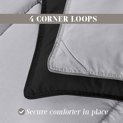 Elegant Comfort 3-Piece Reversible Comforter Set, All Season Cozy, Soft Down Alternative, Quilted - Box Stitched - Duvet Insert with 4 Corner Tabs, Comforter with Shams, Queen, Black/Silver