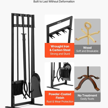VEVOR Fireplace Tool Set, 5 PCS Fire Tool Set and Holder with Square-Frame Stand, Tongs, Ash Shovel, Brush, Fire Place Poker, Wrought Iron Steel Fireplace Accessories for Indoor/Outdoor, Black