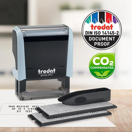 Trodat Printy 4912 Stamp Set in Pastel Blue to Set Yourself – 4 Lines of Text, Imprint 47 x 18 mm, German, Includes Tweezers, Ink Pad Black & Letter and Number Set in Two Sizes