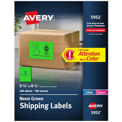 Avery Neon Shipping Labels for Laser Printers, 5-1/2" x 8-1/2", 200 Green Labels (5952)
