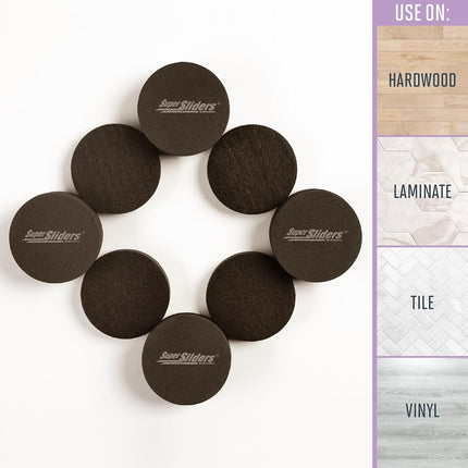 Super Sliders 2 1/2" Round Reusable Furniture Sliders for Hard Surfaces - Effortless Moving and Surface Protection, Brown (8 Pack)