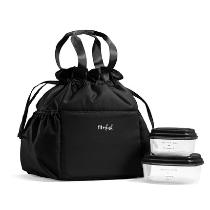 Sac à déjeuner à cordon Fit & Fresh Cromwell pour femmes, ensemble complet de déjeuner avec 2 contenants, résistant aux taches, étanche, essentiel pour la rentrée scolaire, boîte à lunch pour enseignant, noir