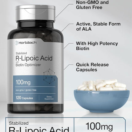 R Lipoic Acid 100mg Stabilized | 90 Capsules | Plus Biotin Optimizer | Non-GMO, Gluten Free | RALA Supplement | by Horbaach