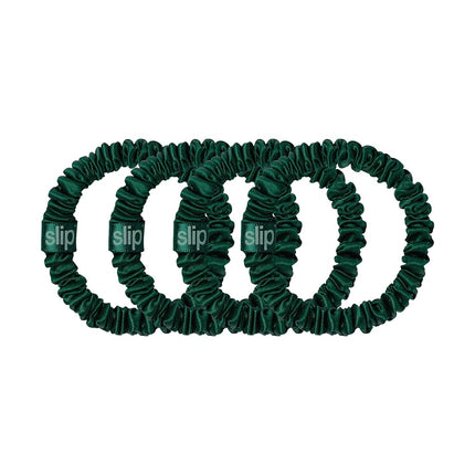 slip Skinny Forest Green Scrunchies - Back to School Range - Anti-Crease, Anti-Breakage Slipsilk Hair Ties - Design Protects Delicate Hair - Includes 4 x Pure Silk Scrunchy For Hair Pony Tails