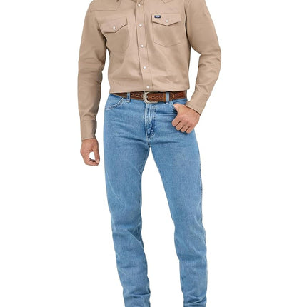 Wrangler Men's Cowboy Cut Western Long Sleeve Snap Work Shirt Firm Finish Shirt, Khaki, L