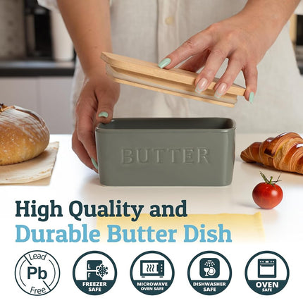 PriorityChef Extra Large Butter Dish with Lid for Countertop, Ceramic Butter Container with Airtight Cover, Butter Keeper for Counter or Fridge, Butter Holder Storage, Grey