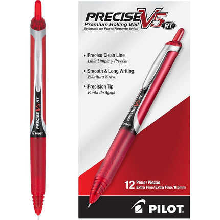 PILOT Precise V5 RT Refillable & Retractable Liquid Ink Rolling Ball Pens, Extra Fine Point (0.5mm) Red Ink, 12-Pack (26064)