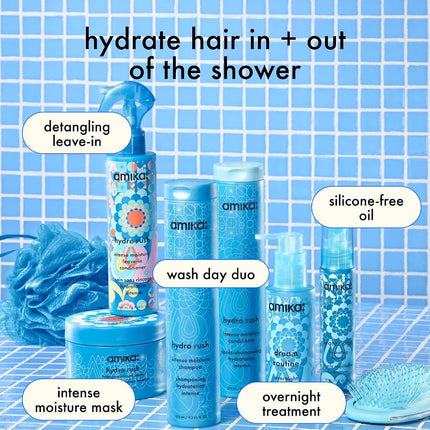 amika hydro rush intense moisture leave in conditioner spray - frizz-reducing detangling spray - hydrating hair care infused with hyaluronic acid, squalane + polyglutamic acid (200 ml)