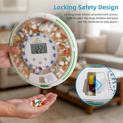 EziMedPil Automatic Pill Dispenser with Alarm, Sound & Light, up to 6 Alarms/Day, 6 Dosage Templates, Easy-Read Display, Frosted Lid & Locked 28-Day Medication Dispenser for Protecting Pills Privacy