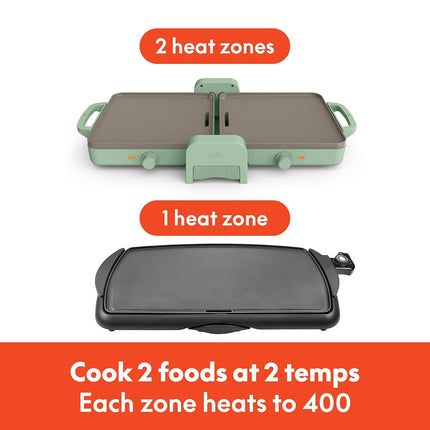 Bella 10"x 20" Ceramic Fold-n-Store Dual Temp Griddle, Fits-anywhere™ Kitchenware, EverGood Ceramic Nonstick Coating, 2 Temperature Zones up to 400°F, Dishwasher Safe Drip Tray, 1500 Watt, Seaglass