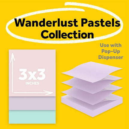 Post-it 100% Recycled Paper Super Sticky Pop-up Notes, 18 Sticky Note Pads, 3 in. x 3 in., Wanderlust Pastels Collection, New Year Organization or Second Semester School Supplies