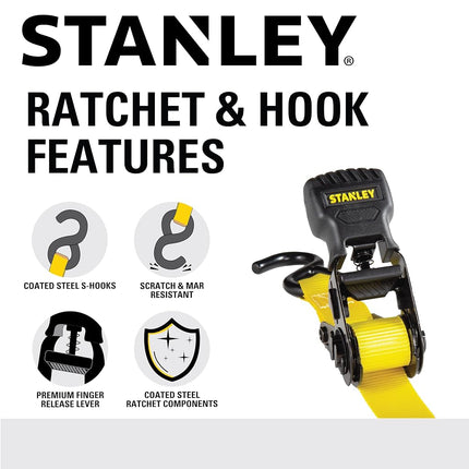 Stanley S1000 Black/Yellow 1" x 10' Ratchet Tie Down Straps - Light Cargo Hauling (1,500 lbs Break Strength), 8 Pack