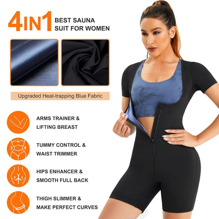 URSEXYLY Sauna Suit for Women Sweat Vest Waist Trainer 3 in 1 Slimming Full Body Shaper Workout Top with Sleeve Shorts, Black-blue Inner, XX-Large