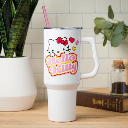 Silver Buffalo Sanrio Hello Kitty Name and Hearts Stainless Steel Tumbler with Handle and Straw, Fits in Standard Cup Holder, 40 Ounces