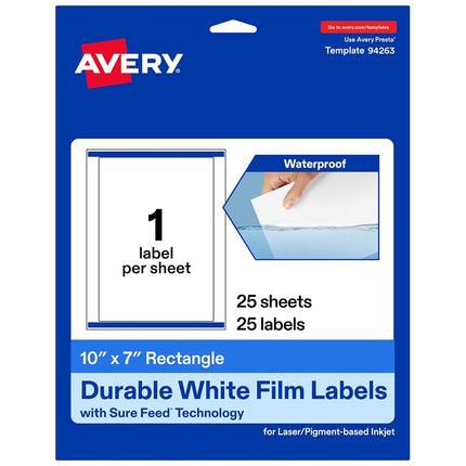 Avery Durable Waterproof Rectangle Labels with Sure Feed, 10" x 7", 25 Oil and Tear-Resistant Waterproof Labels, Laser/Pigment-Based Inkjet Printable Labels