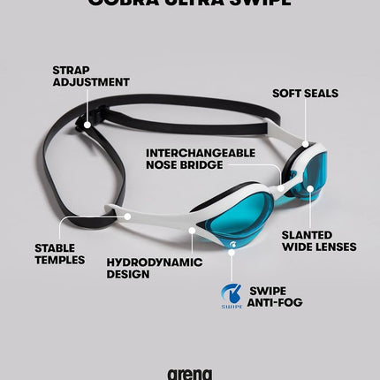 ARENA Cobra Ultra Swipe Mirror Unisex Adult Racing Swimming Goggles, Swimming Pool Goggles with Curved Mirror Lenses, Anti-Fog, UV Protection, 5 Interchangeable Nose Bridges
