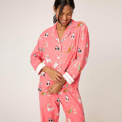 PJ Salvage Women's Flannel Long-Sleeve Top, Pant and Headband 3-Piece Pajama Set, Dark Coral, XL