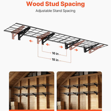 VEVOR 2-Tier Heavy Duty Wall Garage Shelving, 4 Pack 305 x 914 mm Steel Wall Mounted Shelving Unit, 305 x 1828 mm Per Shelf Floating Storage Metal Rack for Garage, 272 kg Total Weight Capacity, Black