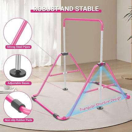 Nimsqury Foldable Gymnastics Bar, 5-Height Adjustable Gymnastic Bars for Kids at Home,Robust & Stable for Indoor/Outdoor Using,Weight Limit 140LBS (Pink)