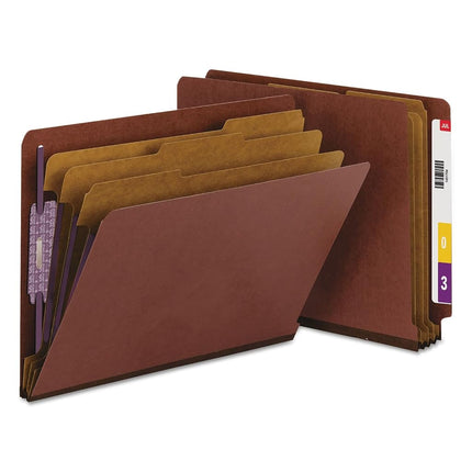Smead 100% Recycled End Tab Pressboard Classification File Folder with SafeSHIELD Fasteners, 3 Dividers, 3" Expansion, Letter Size, Red, 10 per Box (26865)