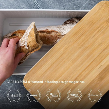 LARS NYSØM Bread Box I Metal bread box for long lasting freshness with non-slip pads I Baked goods Bin with bamboo lid usable as cutting board I 34.5x18.5x15.8cm (Ash Gray)
