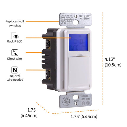 GE SunSmart In-Wall Digital Timer, Automates Indoor and Outdoor Lights, Daily/Weekly Settings, Sunset/Sunrise Presets, ON/OFF Push Button Door, Backlit LCD, White and Lt. Almond Door, 32787