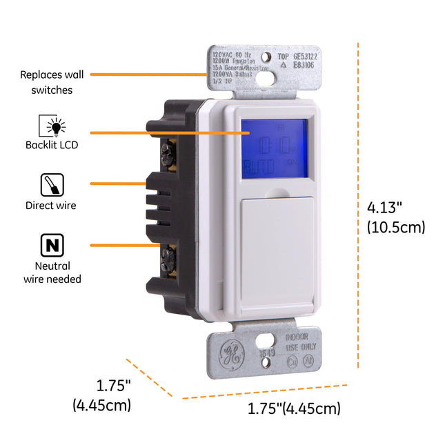 GE SunSmart In-Wall Digital Timer, Automates Indoor and Outdoor Lights, Daily/Weekly Settings, Sunset/Sunrise Presets, ON/OFF Push Button Door, Backlit LCD, White and Lt. Almond Door, 32787