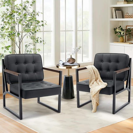 Sillón decorativo moderno de mediados de siglo COLAMY, juego de 2, cómodo sillón para sala de estar, sillón decorativo de cuero negro, sillón con reposabrazos de cuero sintético con patas de metal para sala de estar, dormitorio, recepción, oficina, negro