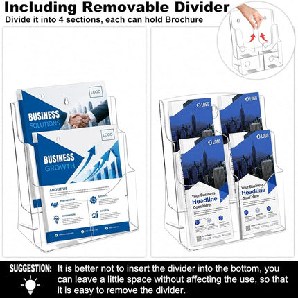 2 Pack Acrylic Brochure Holder 8.5 x 11 in, 2 Tier Brochure Display Stand with Removable Divider for 4 x 9 in Trifold Pamphlets, acrylic flyer holder 8.5 x 11 Stands for Flyer, Pamphlet, Magazine