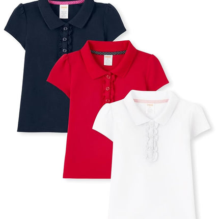 Gymboree Girls and Toddler Short Sleeve Ruffle Polo Shirt, Navy/Red/White 3-Pack, 8