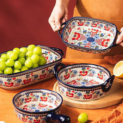 Bicuzat Vintage Flowers Style Ceramic Bakeware Casserole Dish Baking Pan Lasagna Pans Baking Dish with Handles for Oven/Cooking/Kitchen-1 PCS-Red Flowers-22 OZ