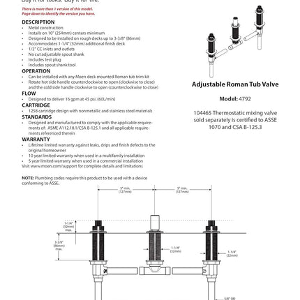 Moen 4792 Two Handle Roman Tub Valve Adjustable 1/2-Inch CC Connection