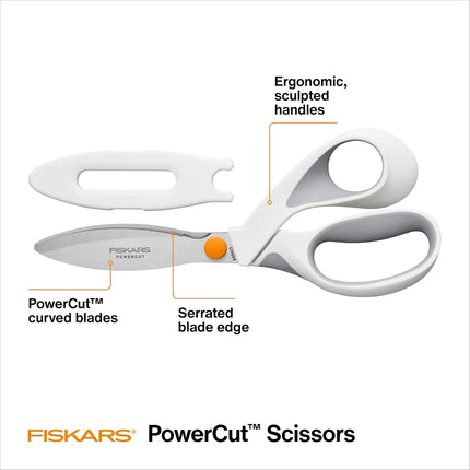 Fiskars SoftGrip PowerCut Fabric and Mixed Media Scissors - 8" Heavy Duty Scissors for Fabric, Cardboard, Cork, Decorative Metal and Foam Cutting with Serrated Blade Edge - White