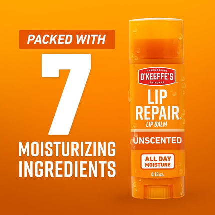 O'Keeffe's Unscented Lip Repair Lip Balm for Dry, Cracked Lips, Stick, (Pack of 3)
