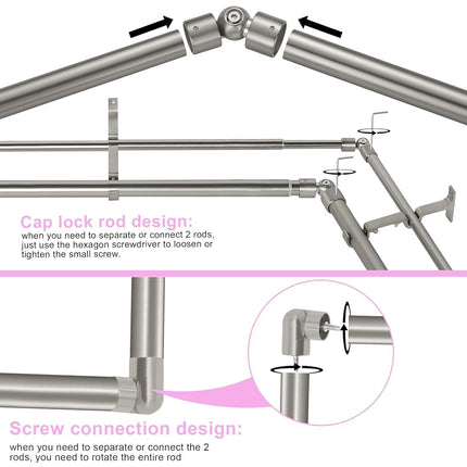 Tringle à rideaux double Mayrhyme en nickel brossé pour baie vitrée d'angle, avec embouts et supports en aluminium, tringles à rideaux doubles pour baie vitrée de 2,5 cm de diamètre, tringle à rideaux double réglable sur 2 côtés de 81 à 218 cm